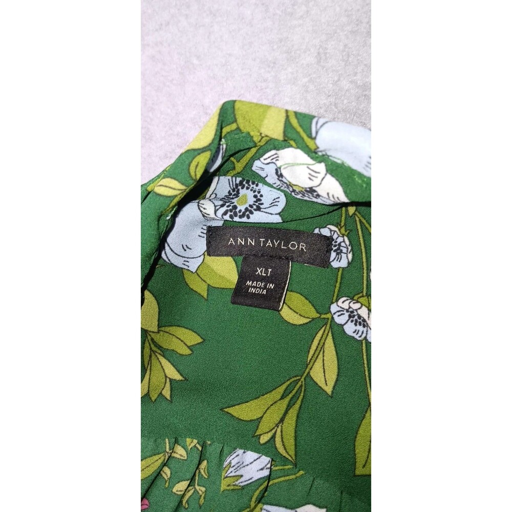 Ann Taylor Long Sleeve Blouse XLT Green Floral Bloomcore Garden Party Elegant - Picture 2 of 11